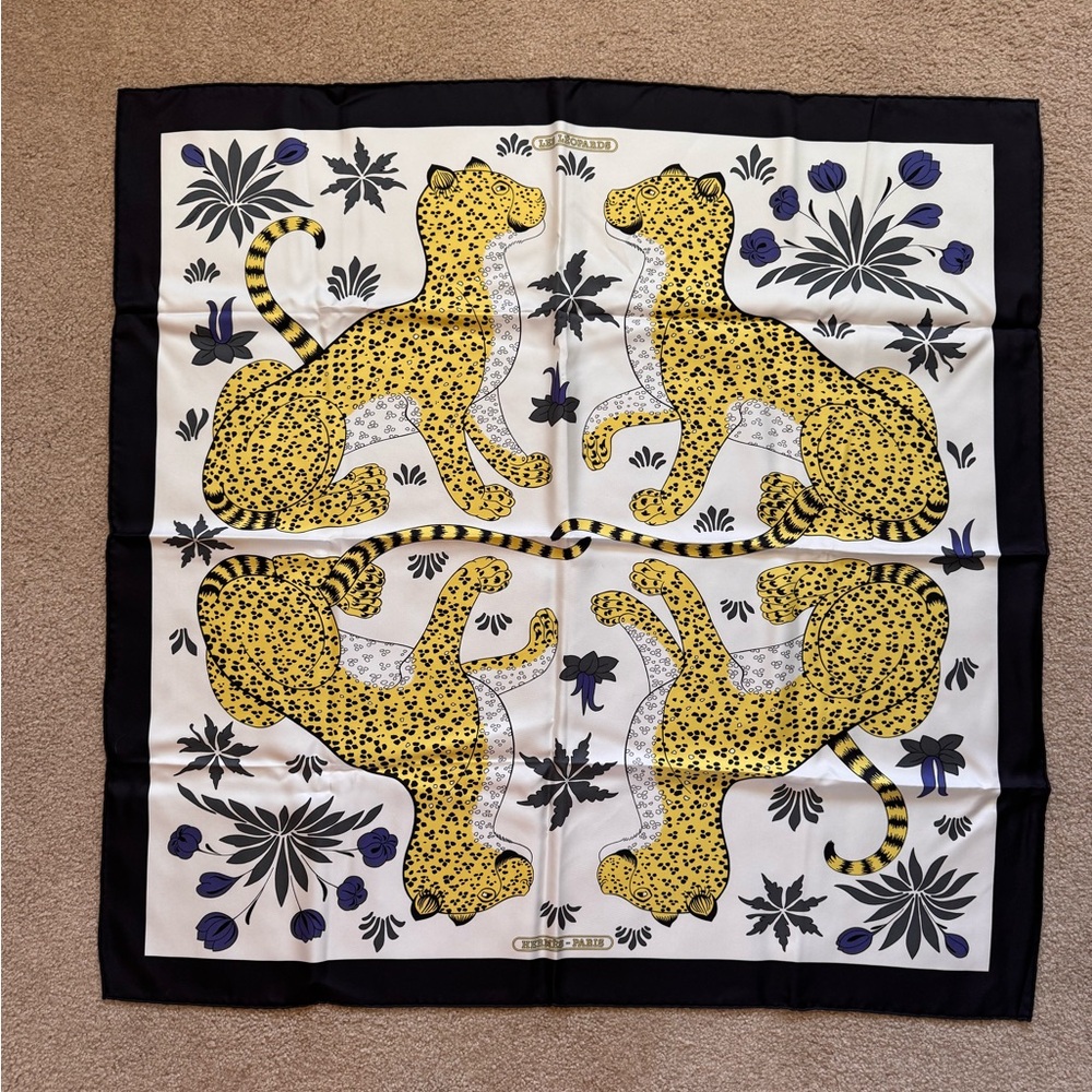 SOLD! HERMES Leopards Yellow and Black Silk Scarf